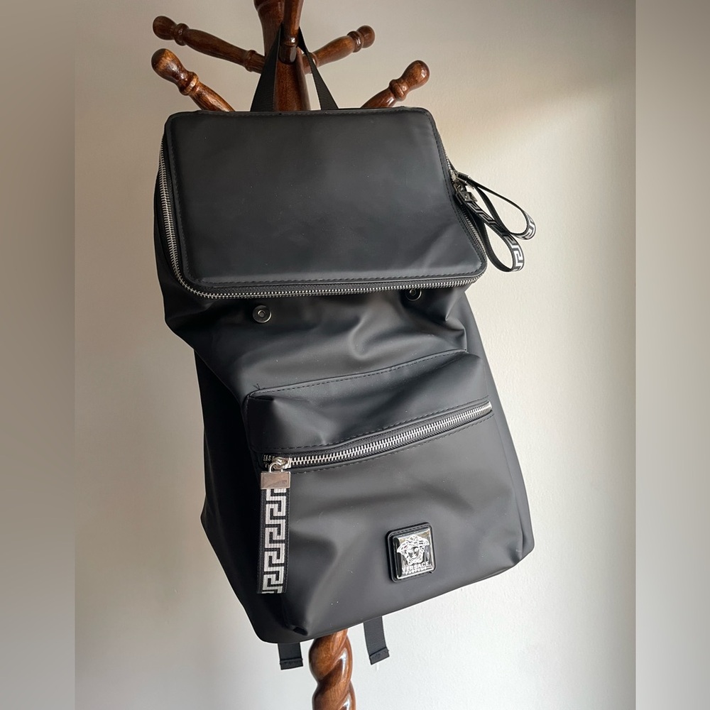 Versace Black Backpack with Silver Accents